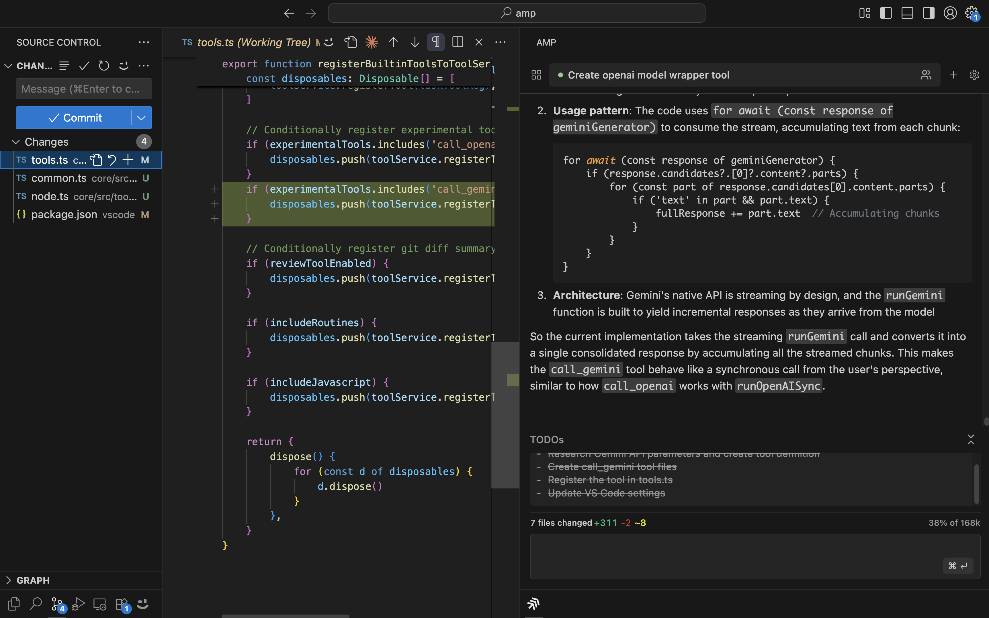 VS Code with just Amp open in the right-hand side panel and the diff view open in the left hand side panel