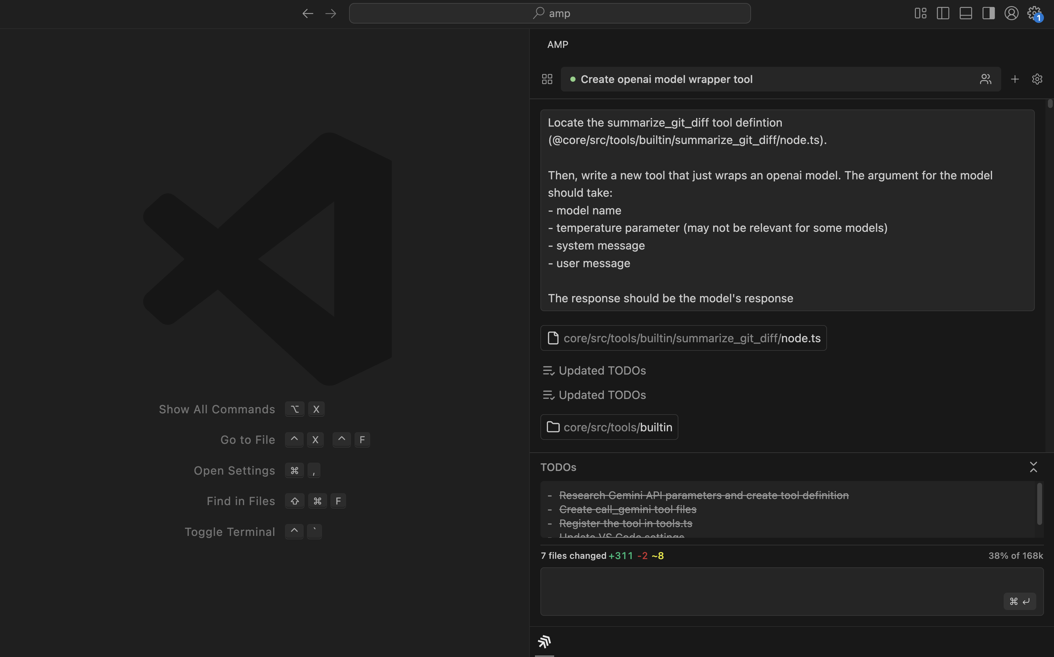 VS Code with just Amp open in the right-hand side panel